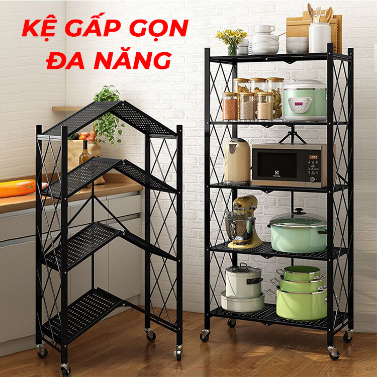 Kệ Đựng Đồ Đa Năng Gấp Gọn - Kệ Gấp 3/4/5 Tầng - Kệ nhà bếp, kệ trang trí, giá để sách - Sức Chứa Gấp 2,5 Lần - Gấp Siêu Mỏng Chỉ 8 Cm - Có Bánh Xe Xoay 360 Độ - Giá để đồ sơn đen tĩnh điện 3 lớp