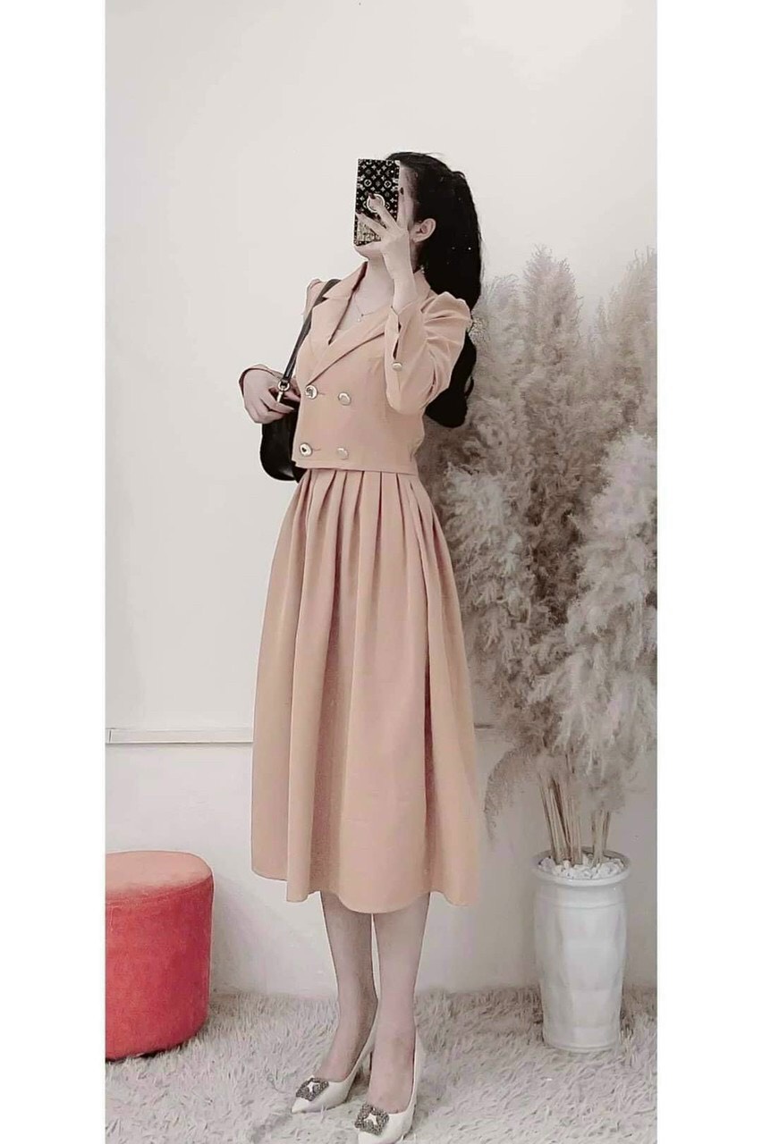 Sét đầm nữ, đầm 2 dây xếp ly kèm áo khoác vest lửng