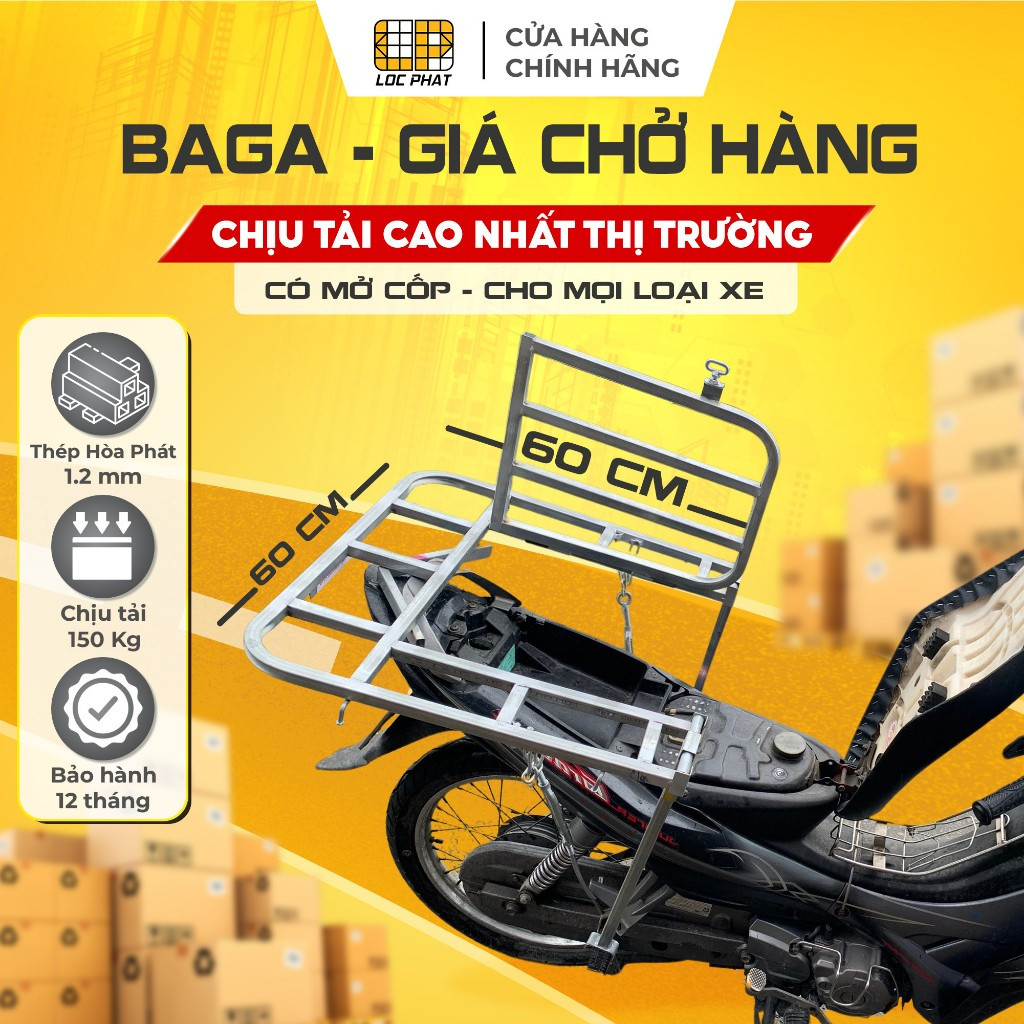 Baga giá chở hàng xe máy Lộc Phát có mở cốp xe đa năng, loại trung 60x60cm lắp cho xe Ga & xe Số