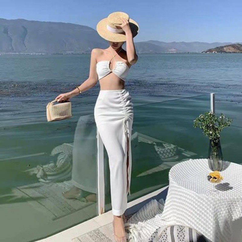 Chân váy rút dây xẻ dài mặc ngoài bikini KO KÈM ÁO