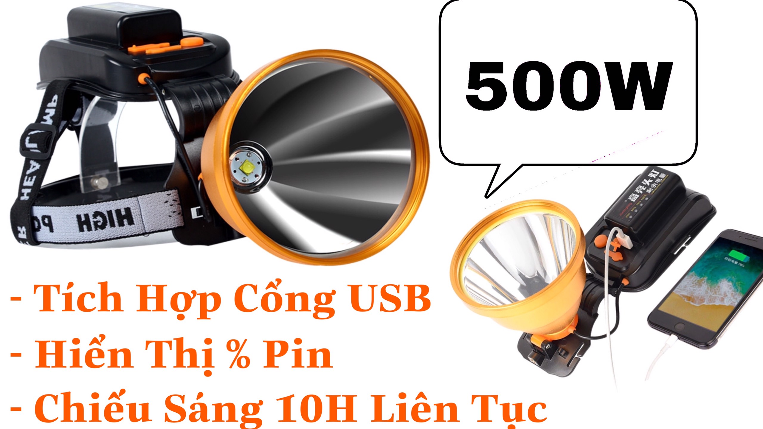 Đèn Đội Đầu Siêu Sáng 500W LS 1835, Hiển Thị Pin, Tích Hợp Cổng Sạc USB, Chiếu Sáng Liên Tục 10H