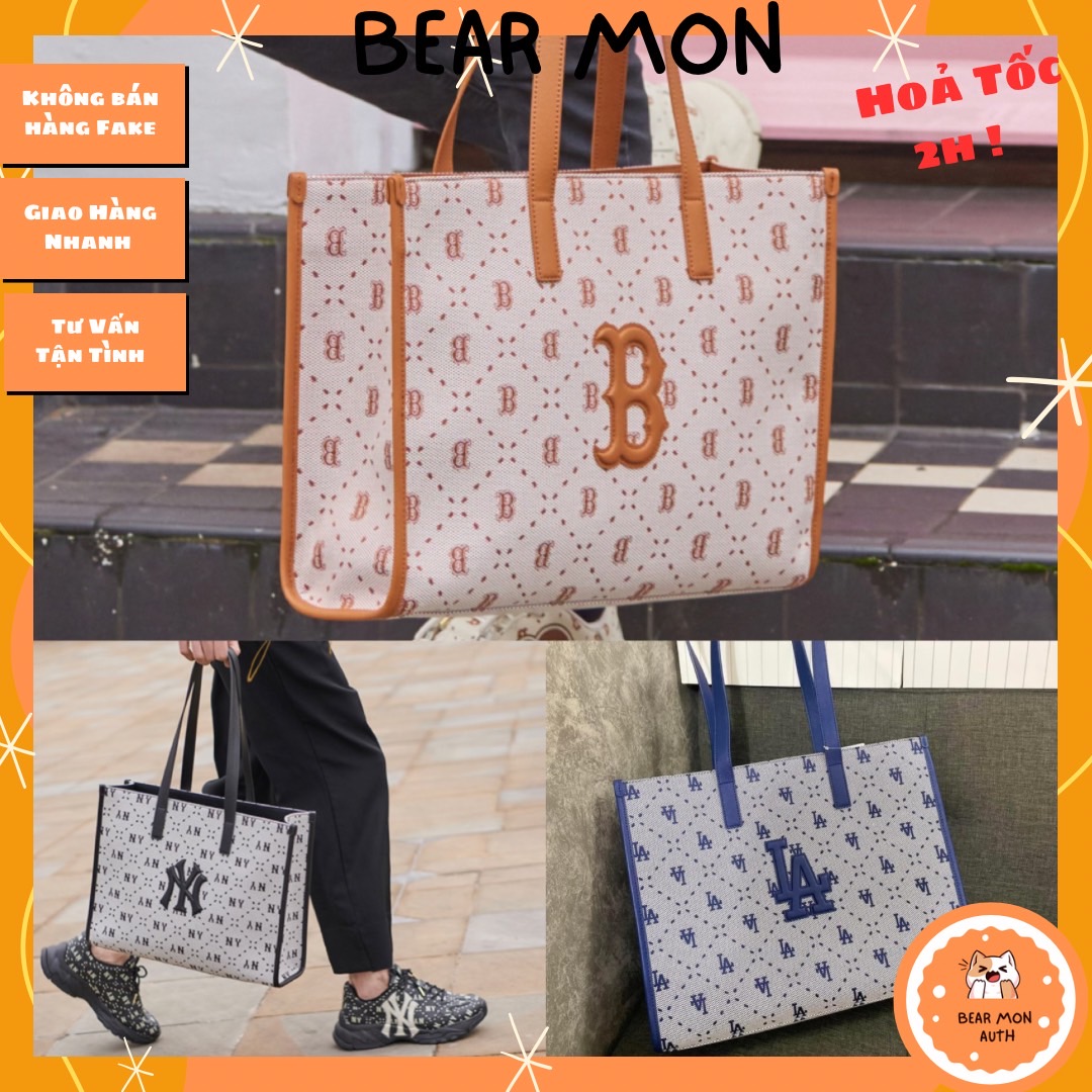 Túi MLB Big Diamond Monogram Jacquard Large Tote New York Yankees 3Aorl013N màu nâu đen xanh size to