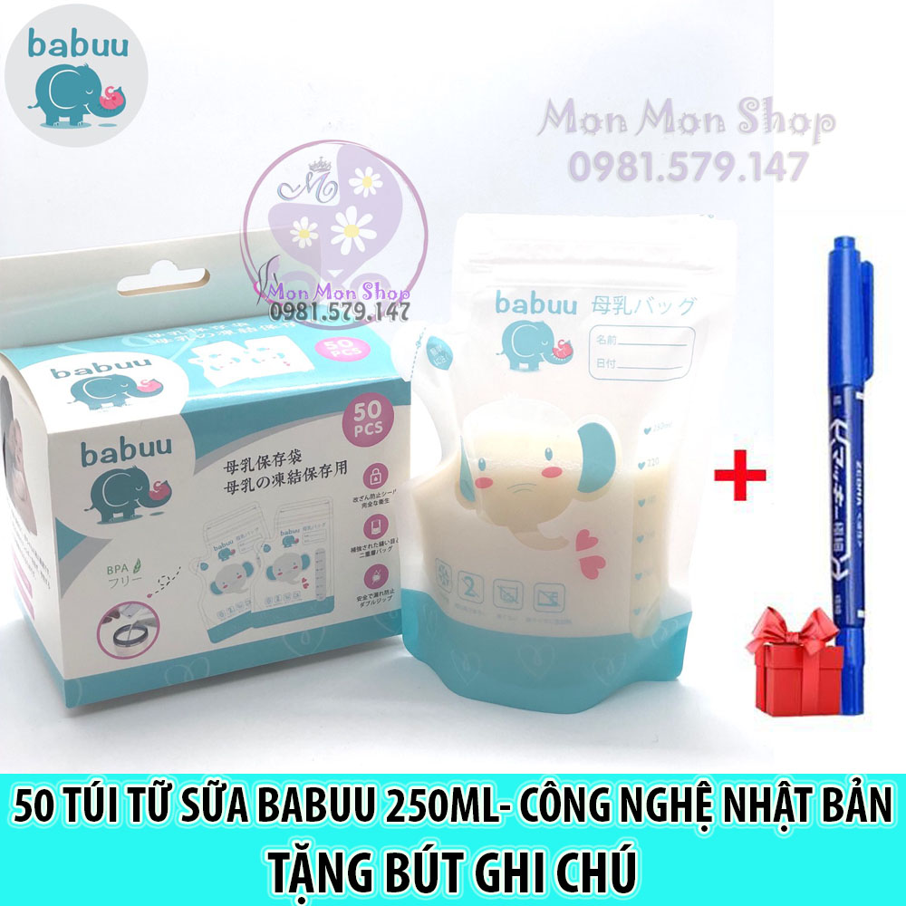 Hộp 50 túi trữ sữa Babuu Nhật có vòi rót tiện dụng 250ml siêu kute
