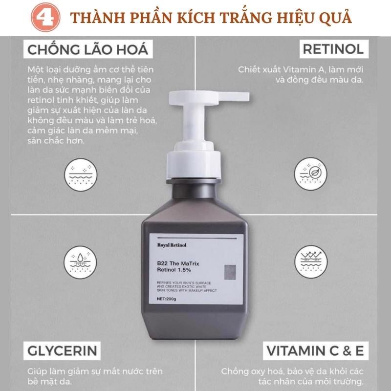  Kem ủ trắng Body Royal Retinol B22 The MaTrix retinol 1.5% chai 200g Chính Hãng- dưỡng trắng body toàn thân 