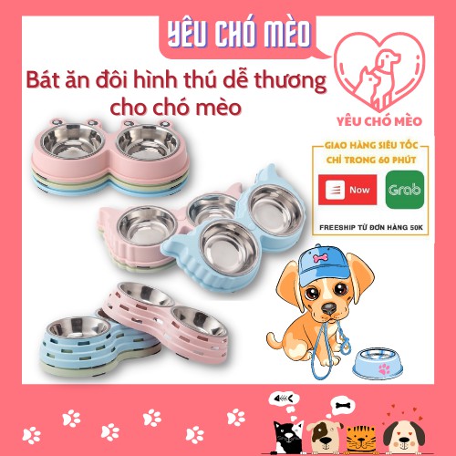 Bát ăn đôi inox cho chó mèo - bát ăn nhiều hình dễ thương