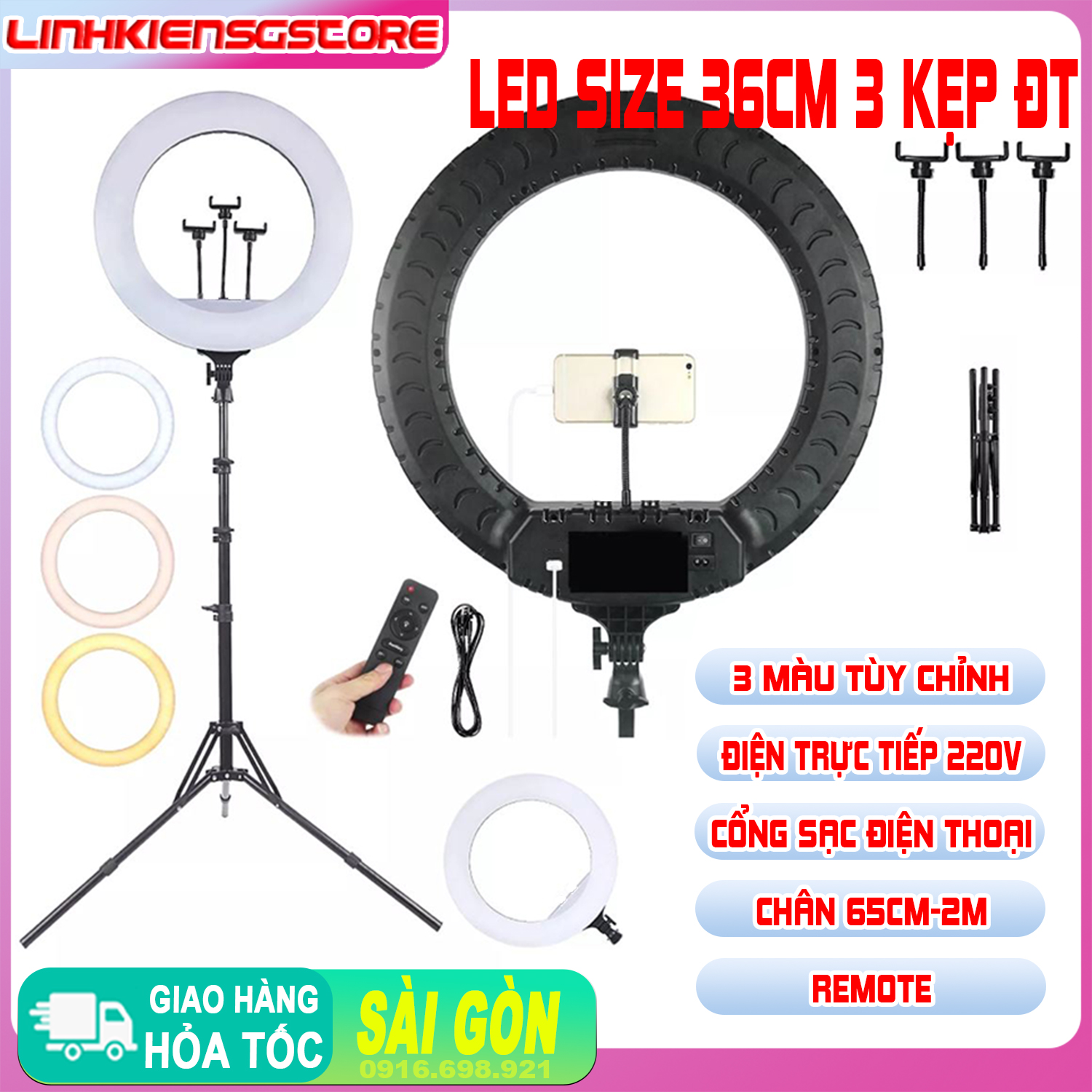 [HCM]Đèn Live 36CM 3 kẹp KT full bộ kèm chân đèn livestream nhiều máy make up spa trang điểm