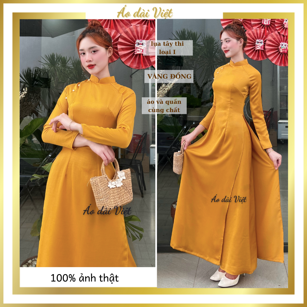 Áo dài Phụ nữ Dáng truyền thống May sẵn Lụa tây thi cao cấp Mềm mại, bóng nhẹ, co giãn 4 chiều, bền màu và dày dặn Lễ hội, dự tiệc, gặp mặt, chụp ảnh nghệ thuật Truyền thống Màu vàng trơn