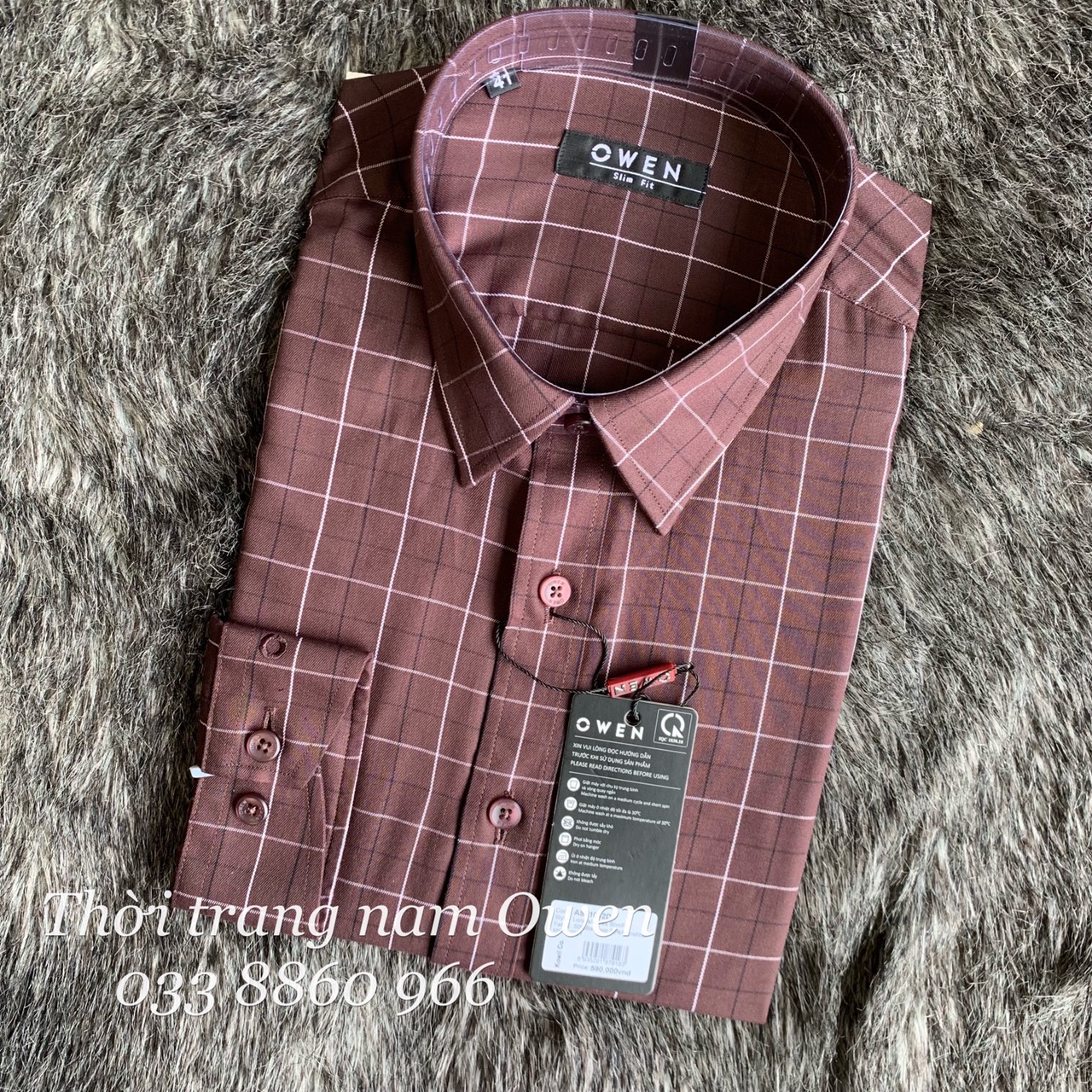 OWEN - Áo sơ mi dài tay Owen Slimfit vải sợi tre kẻ ca rô đỏ nâu đậm 61012