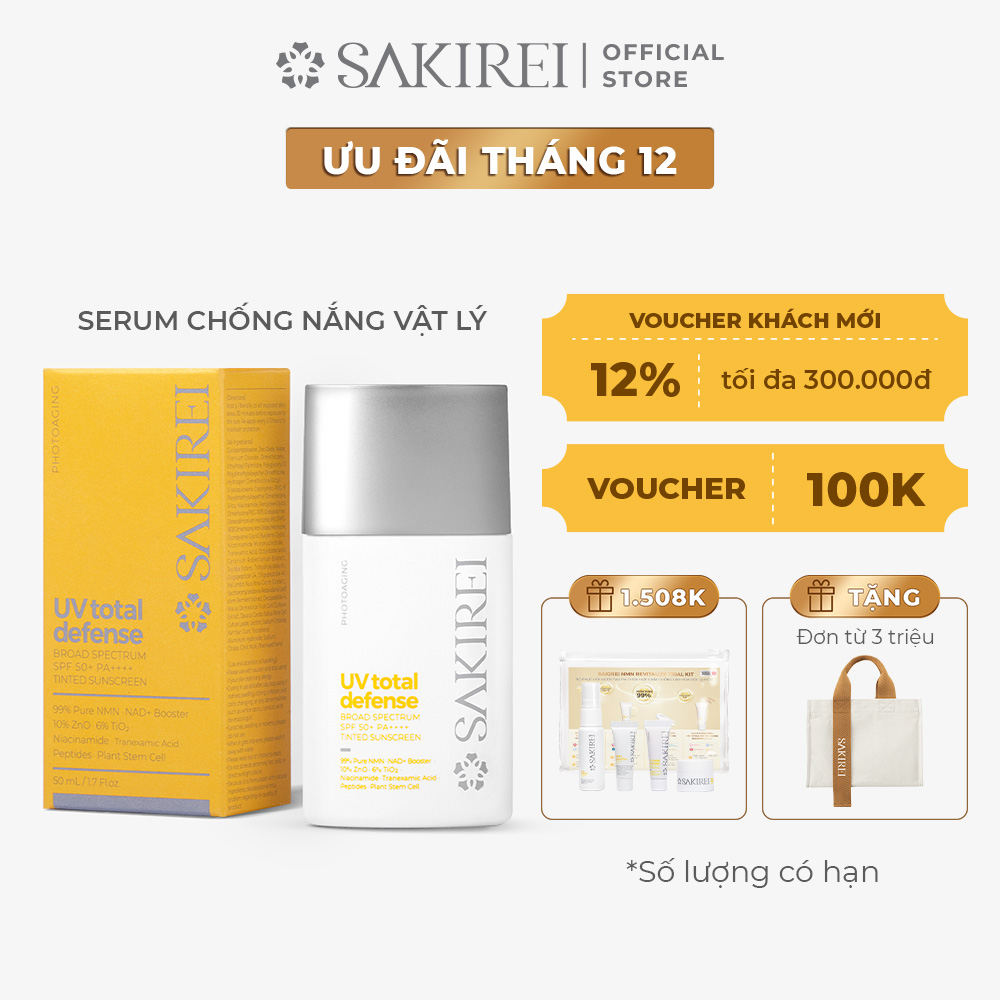 Serum chống nắng vật lý Sakirei UV Total Defense Broad Spectrum SPF 50+ PA++++ Tinted Sunscreen