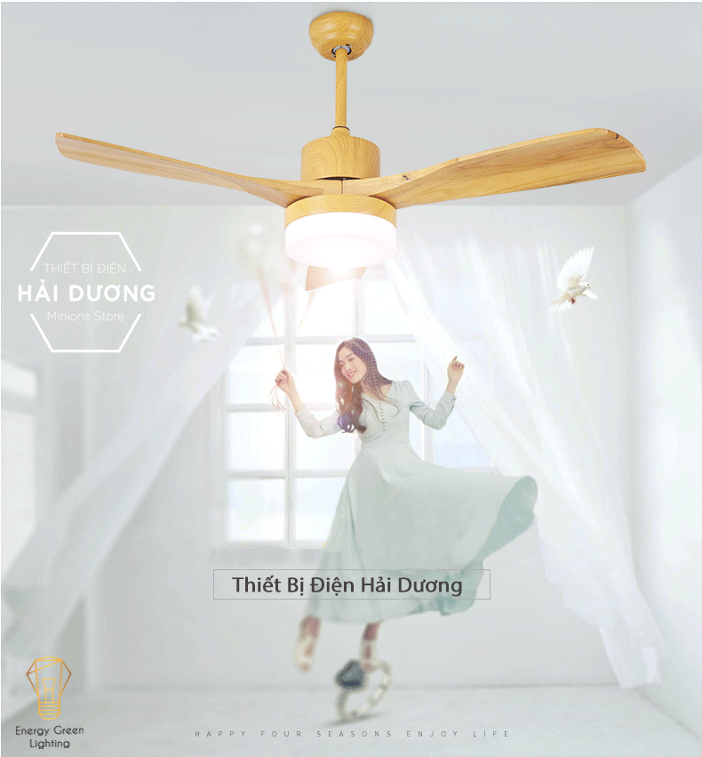 Quạt trần gỗ 3 cánh qt-11055 phong cách bắc âu tích hợp đèn chiếu sáng - 3 chế độ ánh sáng - điều khiển từ xa - có video