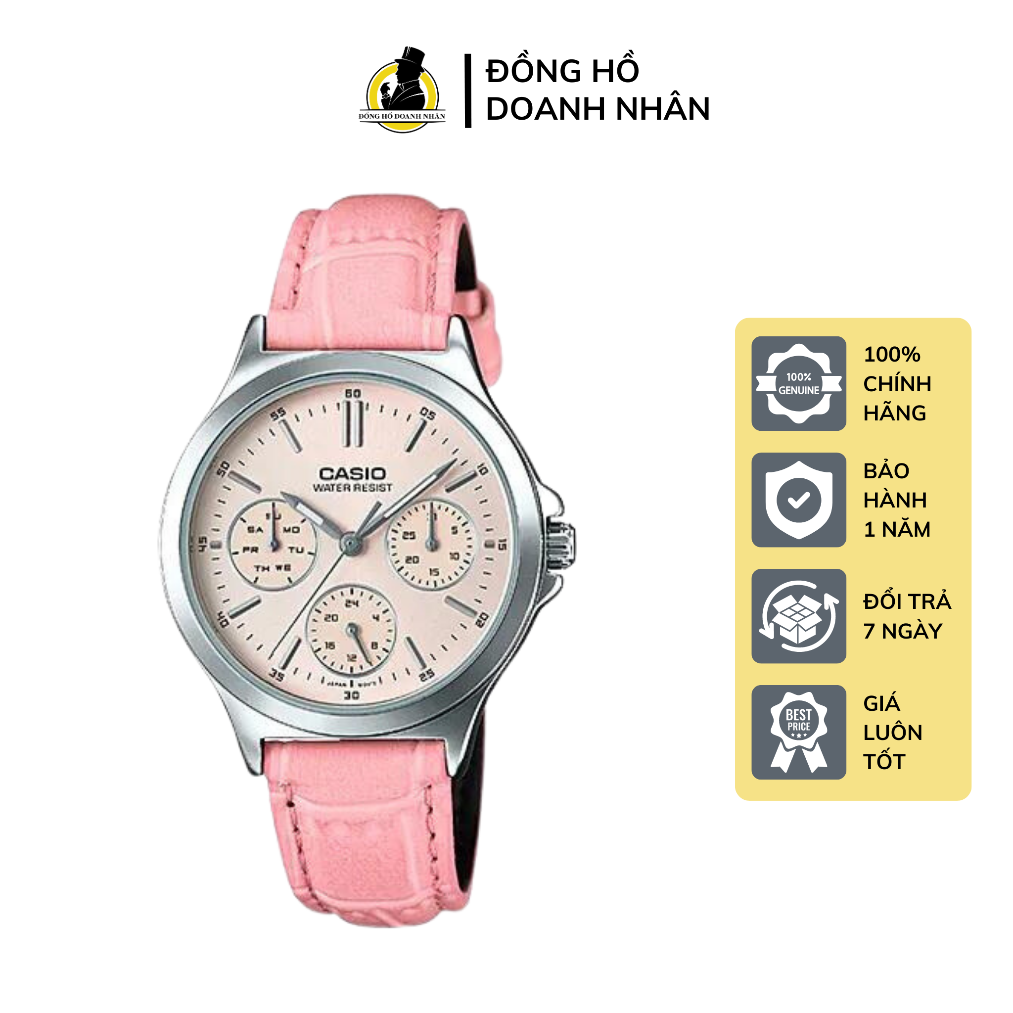 Đồng hồ nữ dây da vân hồng casio ltp-v300l-4a mặt trắng fullbox