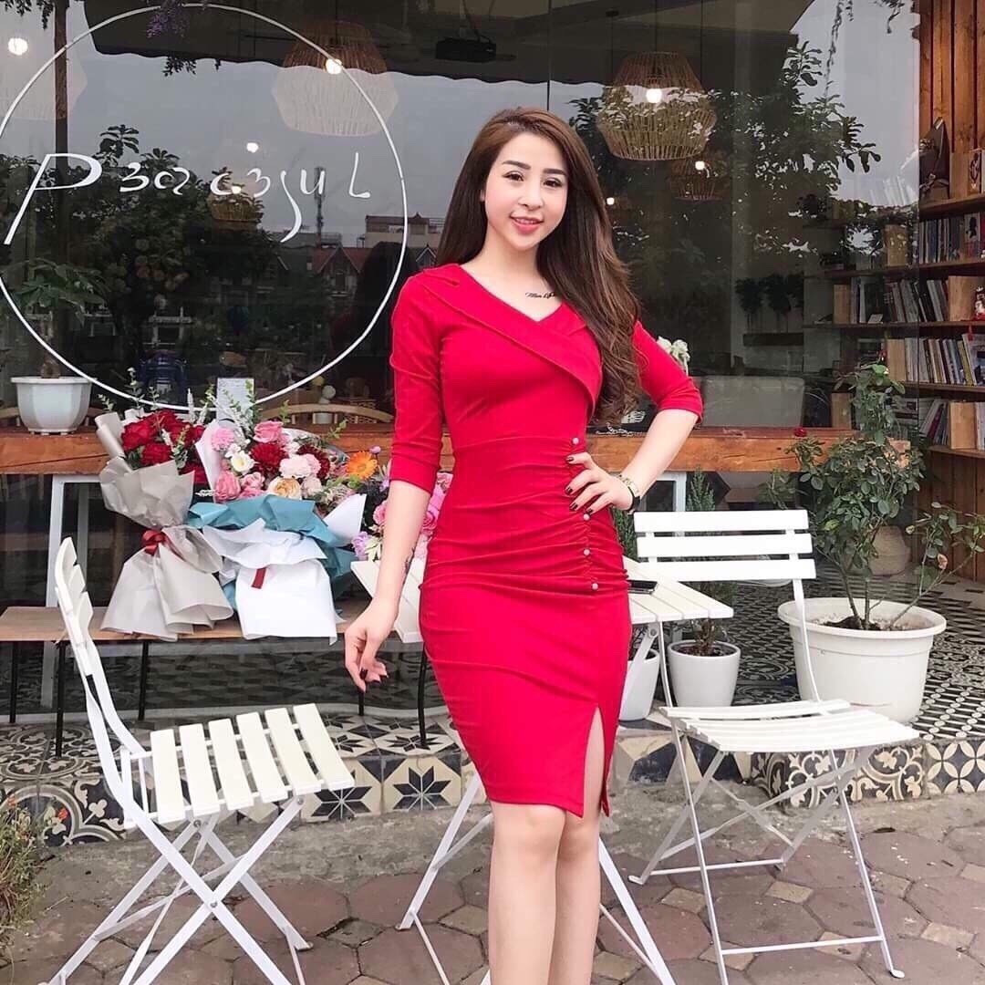 Đầm ôm cổ vest ( có mút ngực )