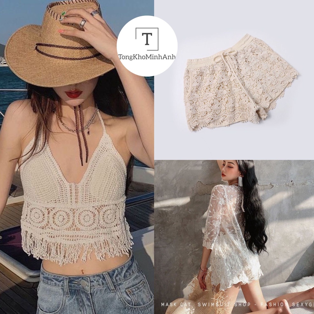 Set ren đi biển-bikini kín đáo 3 mảnh len móc sang chảnh cho nữ đồ bơi kín có bán lẻ