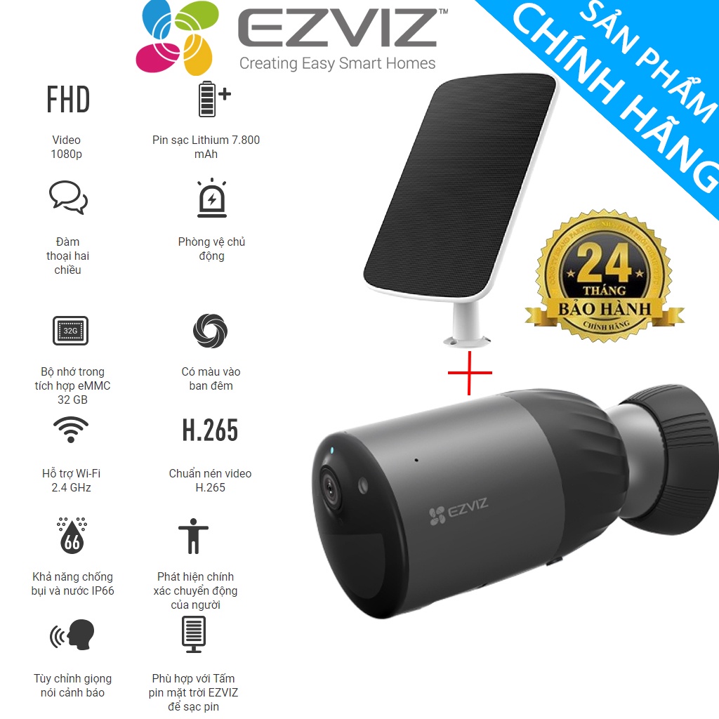 Camera IP Wifi ngoài trời Không Dây Dùng Pin EZVIZ CS-BC1C kèm pin mặt trời CS-CMT-Solar, Tích hợp bộ nhớ trong 32G