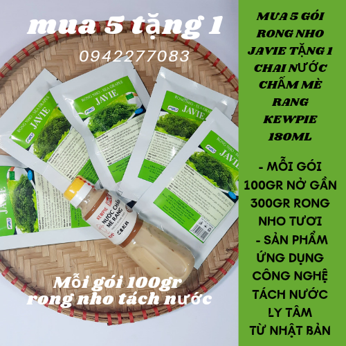 Tặng 1 Chai Nước Chấm mè Rang + [500gram] Rong Nho Tách Nước JAVIE (5 gói 100gr) = 1.5 KG Rong Nho Tươi - Sản phẩm ứng dụng công nghệ tách nước ly tâm từ Nhật Bản