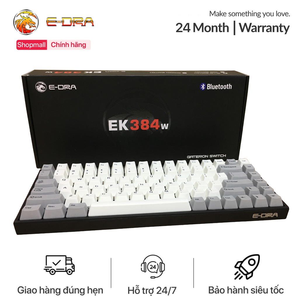 Bàn phím cơ không dây e-dra ek384w - switch gateron - keycap: pbt dyesub - kết nối bluetooth 5.0,type-c
