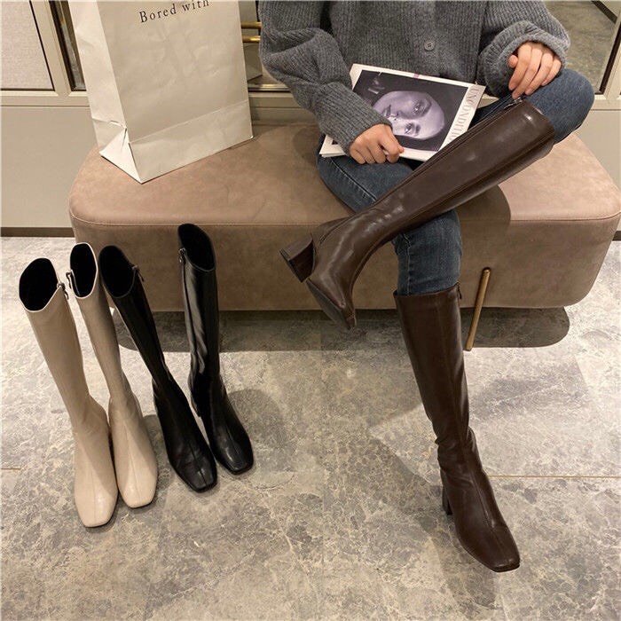 Bốt đùi da trơn lót lông đế 5cm ôm cổ chân B003