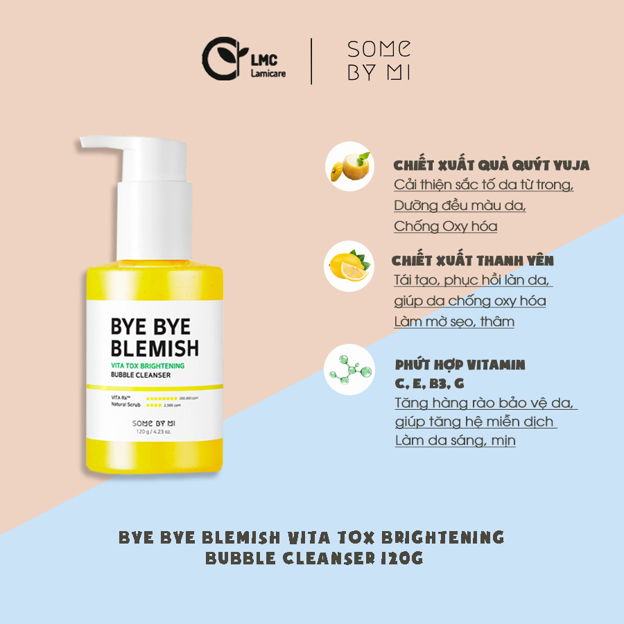 Gel rửa mặt sủi bọt làm sạch sâu hỗ trợ làm trắng Some By Mi bye bye blemish vita tox brightening bubble cleanser 120g
