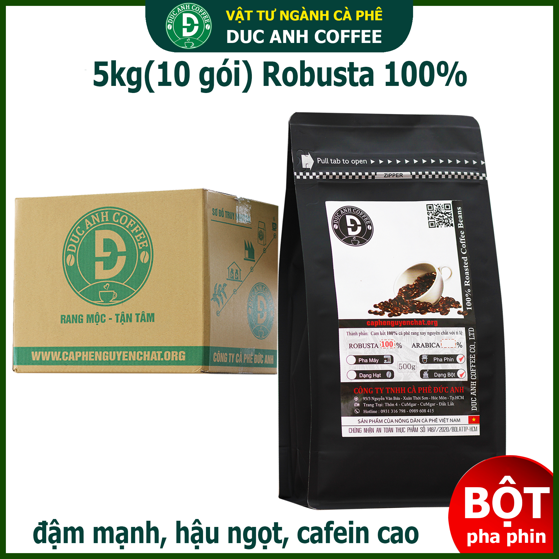 Giá sỉ 5kg cà phê Bột nguyên chất pha phin 100% Robusta - đậm vị đắng mạnh hậu ngọt - bán trực tiếp từ nhà sản xuất - DUC ANH COFFEE - Cafe Đức Anh - cafe pha phin