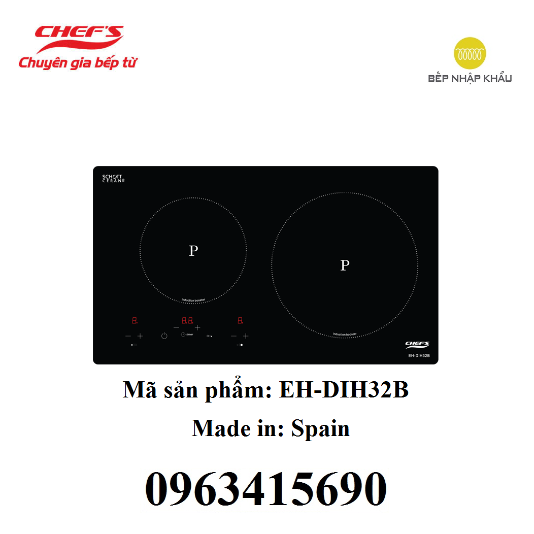 Bếp âm từ đôi Chefs EH-DIH32B - hàng chính hãng, thiết kế đẹp mắt, tinh tế, nhiều tính năng thông minh, giúp nâng cao hiệu quả nấu nướng, tiết kiệm điện năng