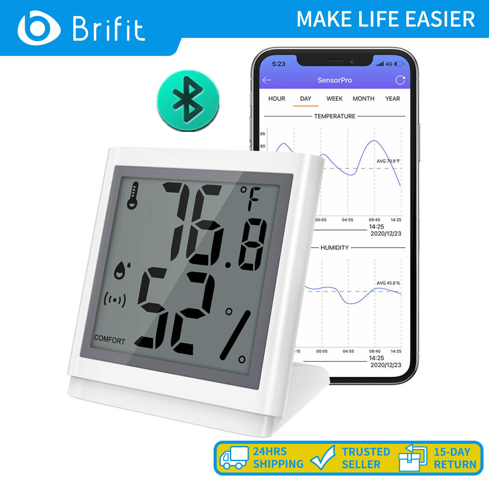 Brifit Nhiệt kế ẩm kế Bluetooth, Nhiệt kế ẩm kế không dây trong nhà có màn hình LCD, Nhiệt độ ẩm kế chính xác với APP, Chức năng xuất dữ liệu, cho trong nhà, rượu vang, nhà kính