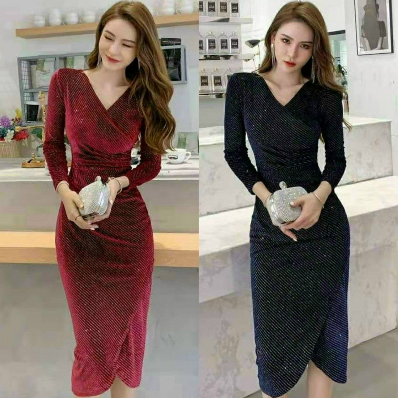 Đầm body nhung kim sa cổ đắp chéo cao cấp - yb221205