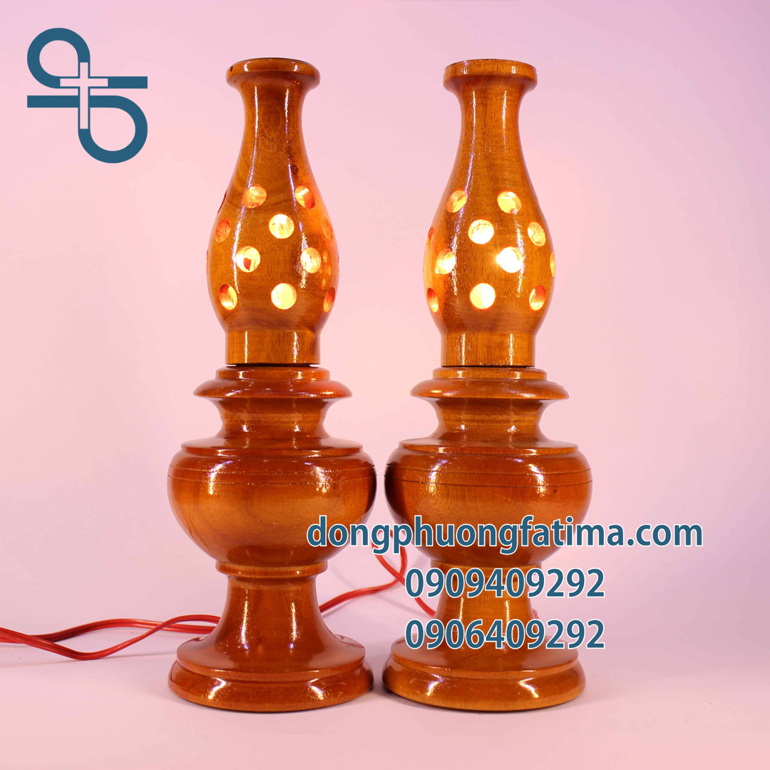 Đèn bàn thờ2 cây đèn gỗ thấp bàn thờ 26cm