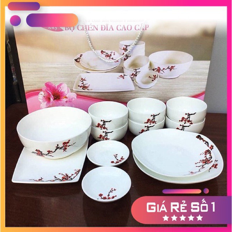 Bộ bát đĩa hoa đào Tết, quà tặng từ panasonic, men sứ Ceramic cao cấp, 12 món hoa đào Nhật bản
