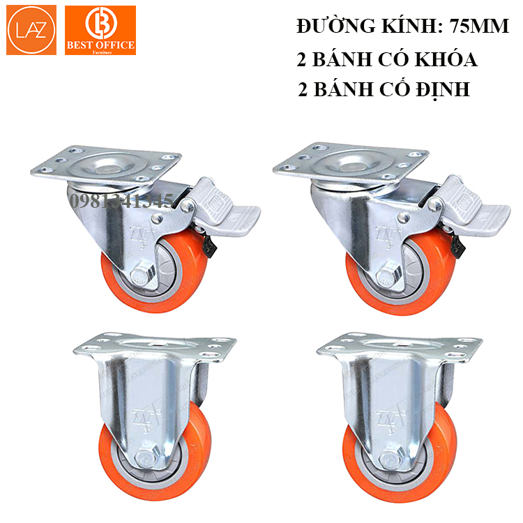 Bộ 4 bánh xe đẩy hàng (2 xoay có khóa - 2 cố định) loại tốt Kt 75x32 mm - Tải trọng 300kg - Di chuyển đa mặt sàn