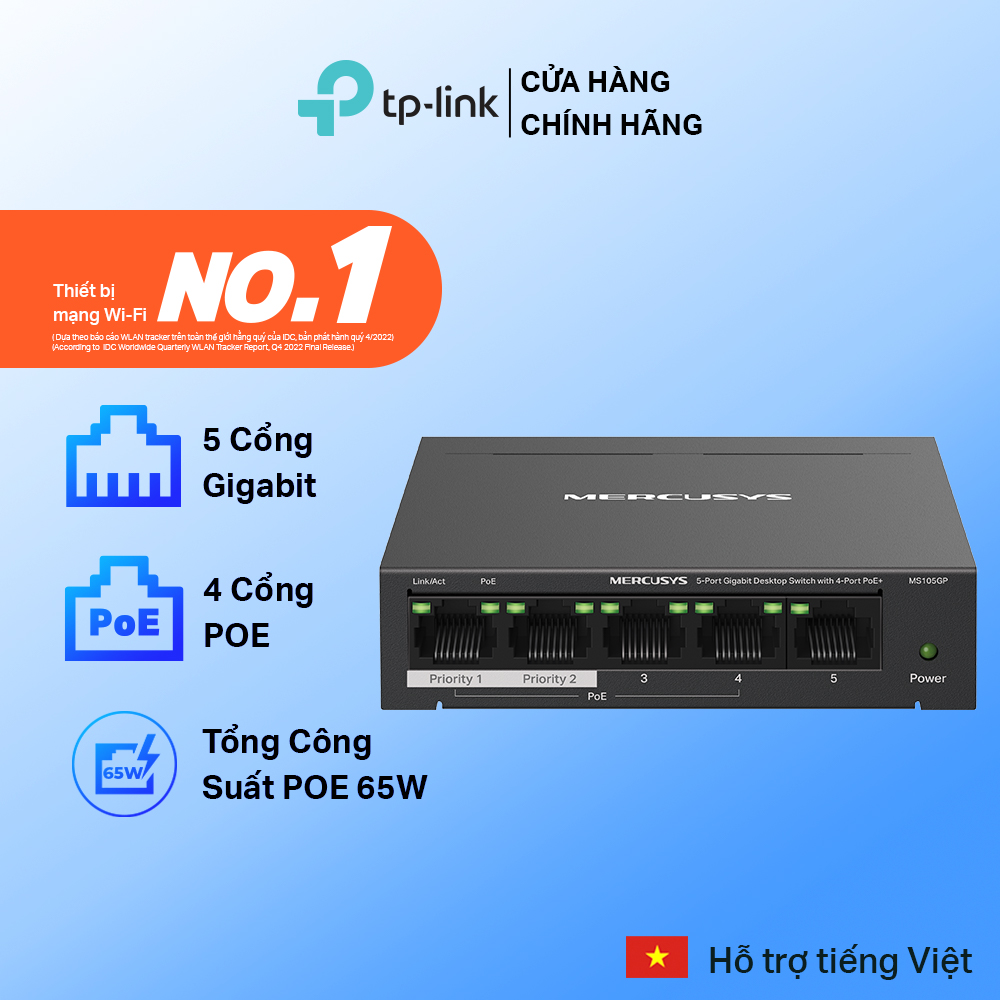 Bộ switch chia mạng mercusys ms105gp 5 cổng 10/100/1000mbps với 4 cổng poe+