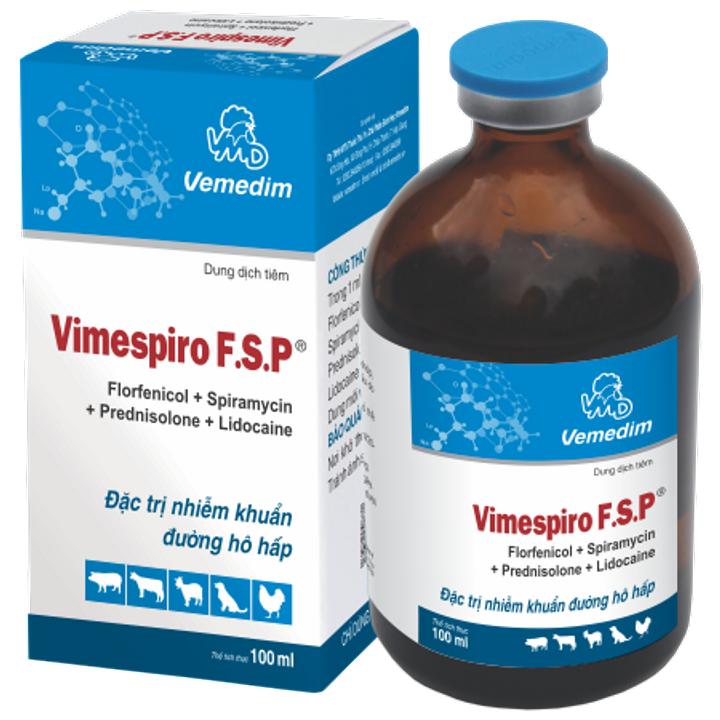 Vimespiro FSP, chai 100 ml, tiêm, chuyên tr.ị bệnh đường hô hấp ở gia súc như heo, trâu bò, gà vịt, chó mèo,..