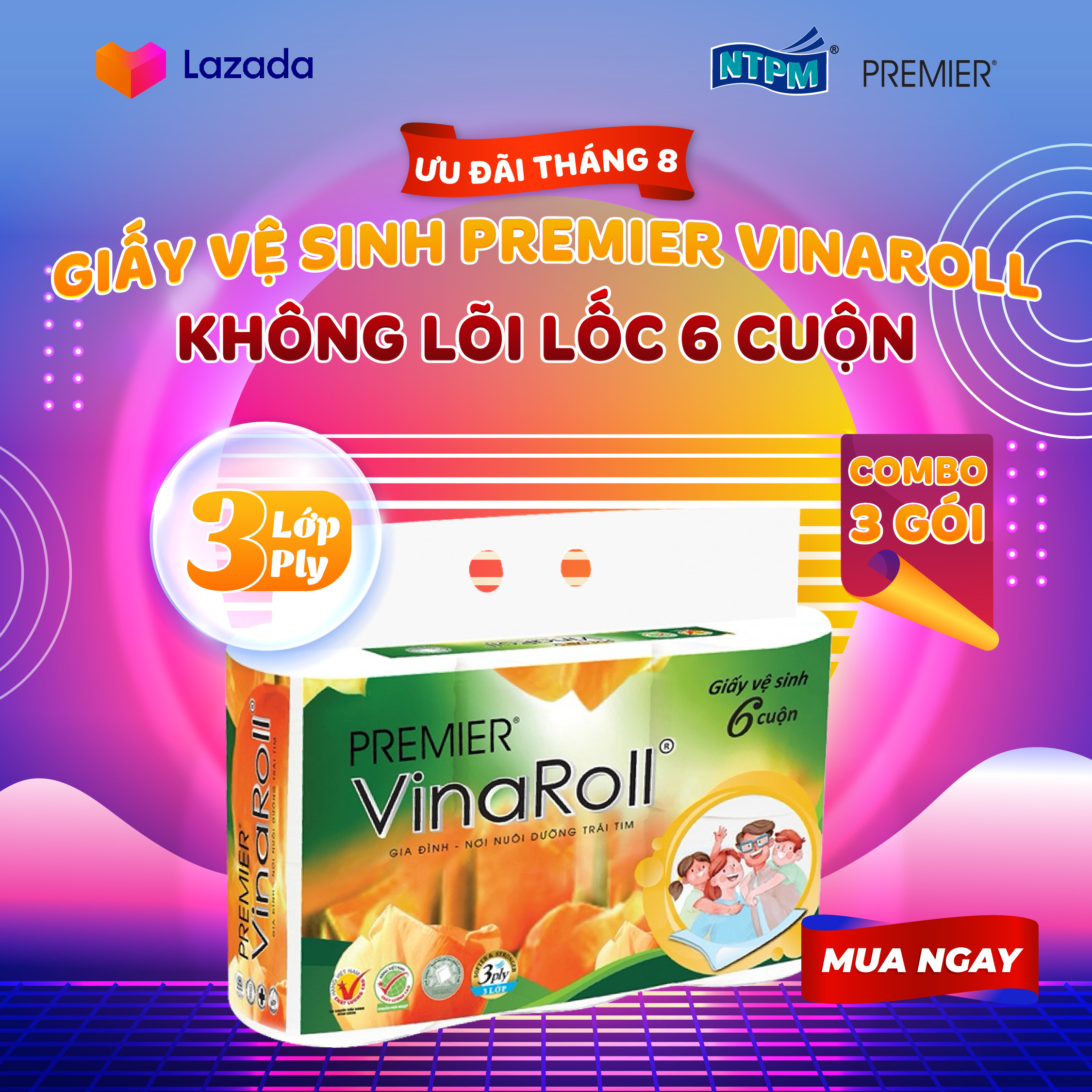 [COMBO 3 LỐC] Giấy vệ sinh Premier VinaRoll không lõi, 3 lớp 100% bột giấy nguyên sinh, không chất tẩy lốc 6 cuộn