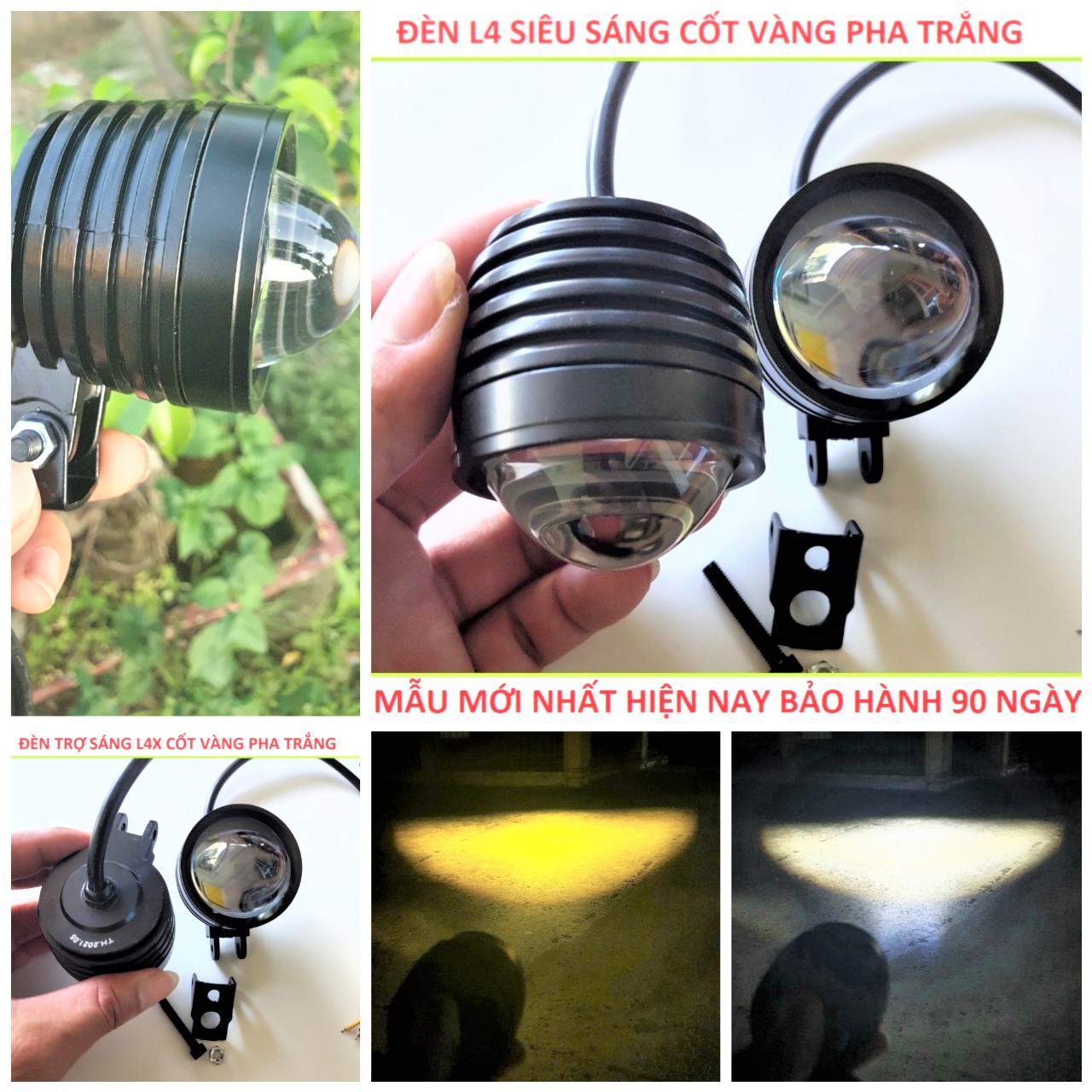ĐÈN TRỢ SÁNG XE MÁY L4 LED BI CẦU 2 MÀU LOẠI TỐT MẪU MỚI , ĐÈN L4 TRỢ SÁNG XE MÁY CỐT VÀNG PHA TRẮNG , ĐÈN BI CẦU SIÊU SÁNG XE MÁY TẶNG CÔNG TẮC , PHỤ KIỆN ĐỘ XE MÁY , ĐỒ TRANG TRÍ XE MÁY