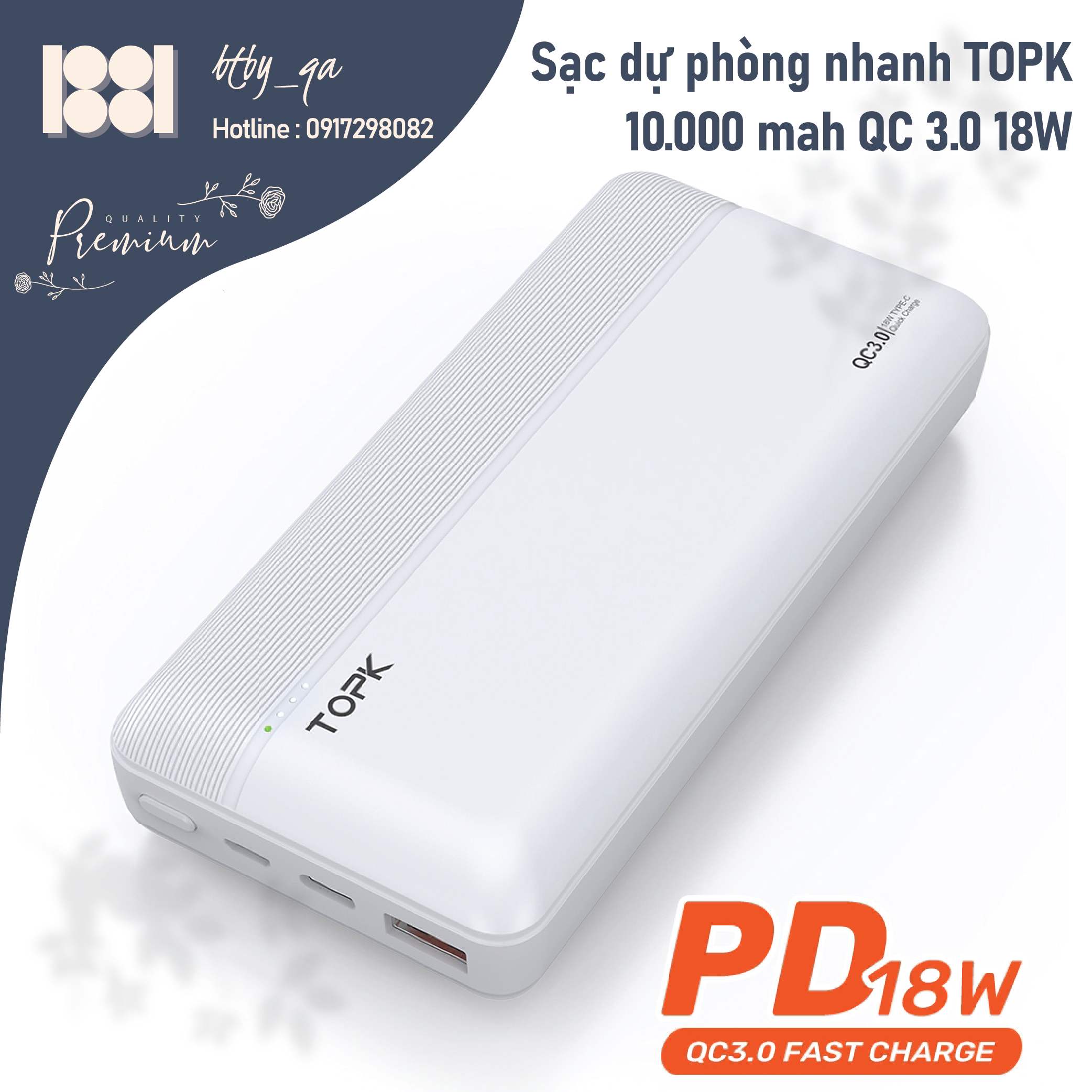 Sạc dự phòng nhanh topk i1015p 10.000mah tích hợp qc 3.0 sạc nhanh 18w.