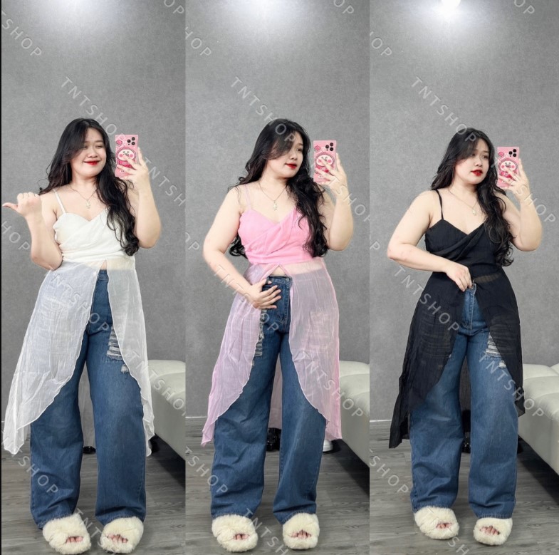 Áo 2 dây rose top xẻ tà dài