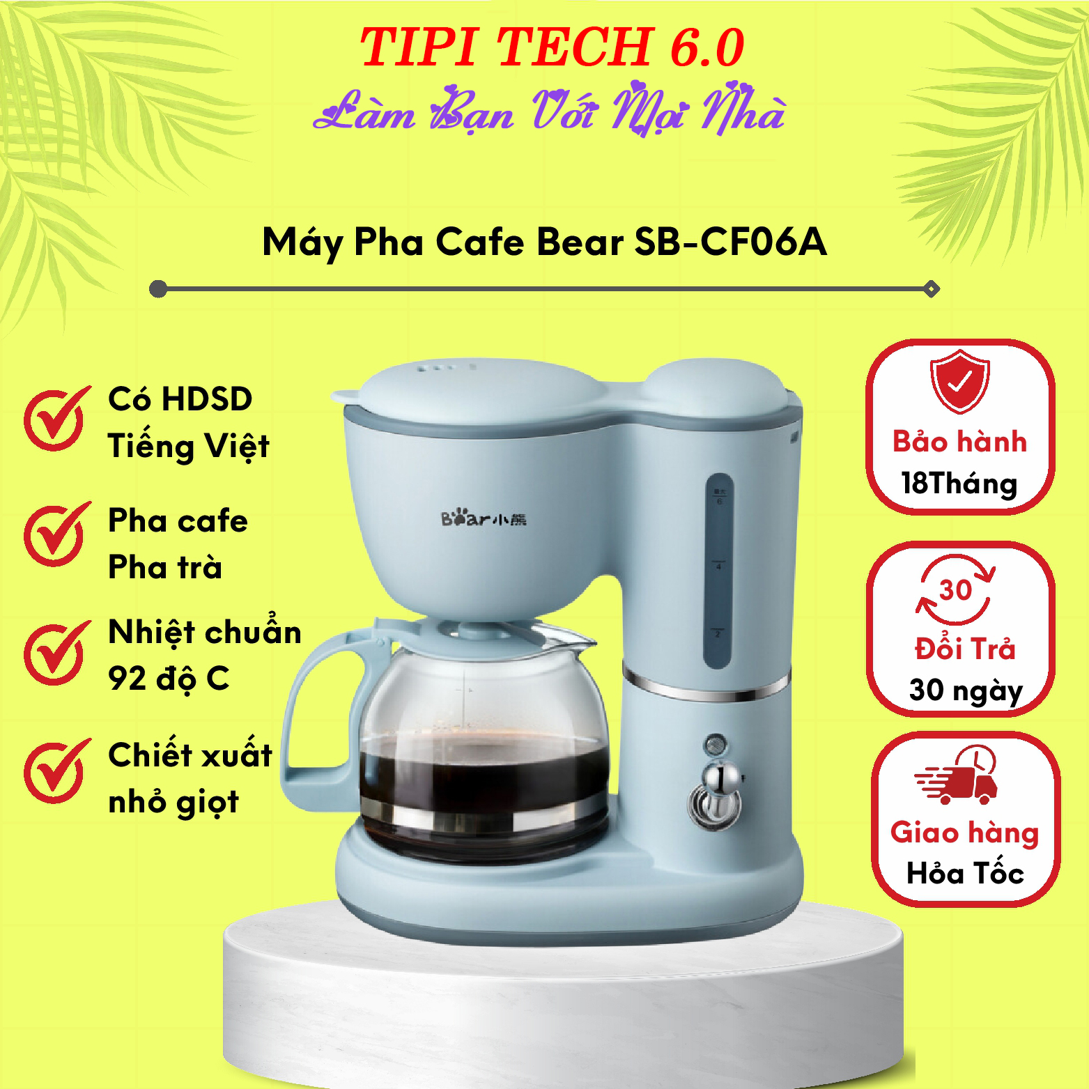 Máy pha cafe trà mini bear, máy pha cà phê mini đa năng tự động dung tích 600ml sb-cf06a - bản quốc tế bảo hành 18 tháng