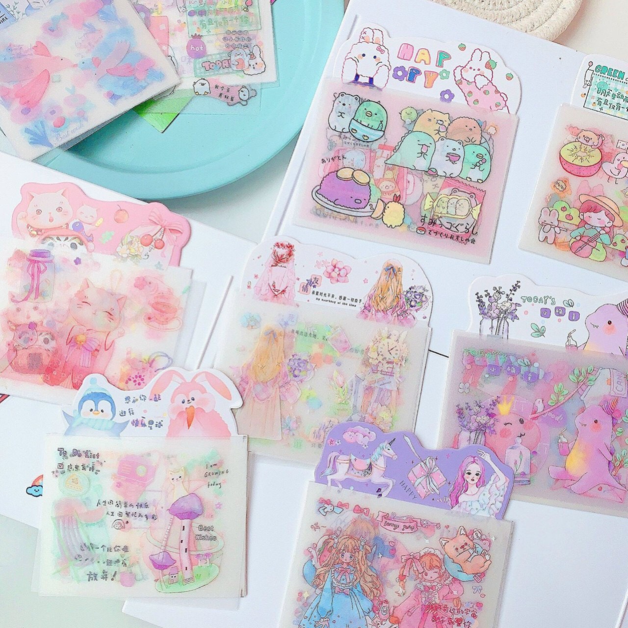 Bộ 4 tấm sticker trang trí cô gái, molang, gấu, thỏ mẫu vuông