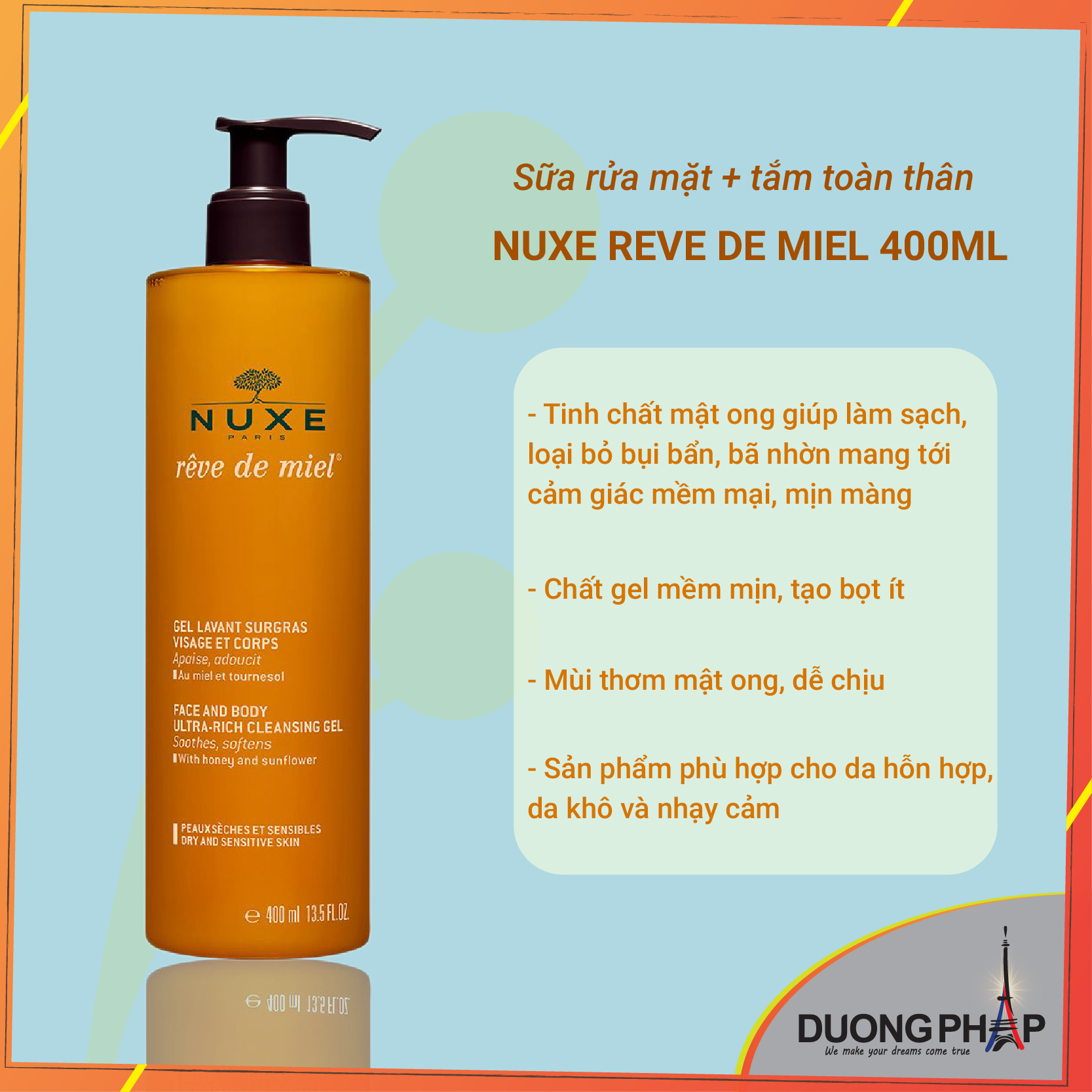Gel tắm + rửa mặt Nuxe mật ong chai 400ml