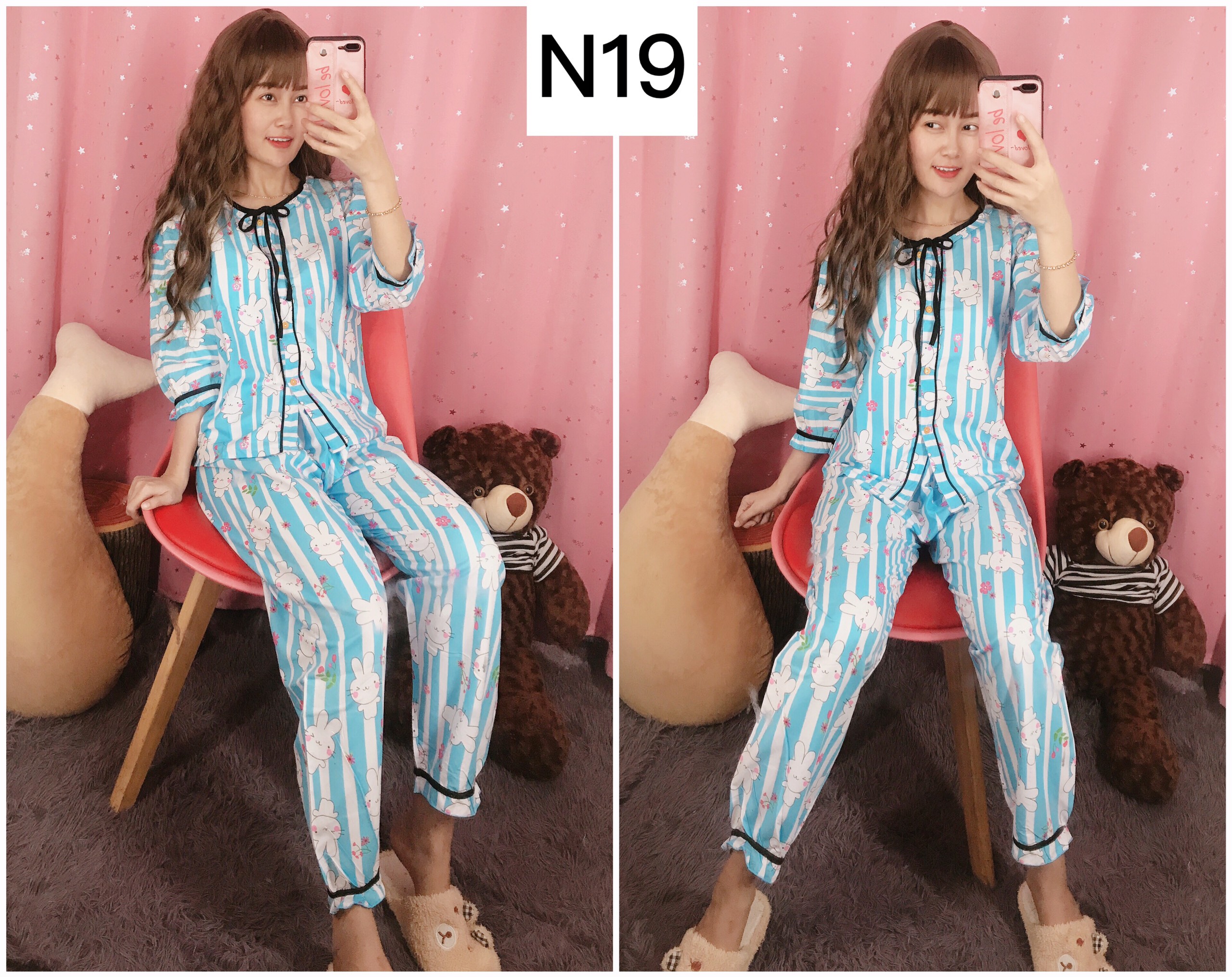 [HCM]Pijama Set Đồ Bộ Nữ Kate Tay Lửng Quần Dài Phối Nơ Siêu Đáng Yêu
