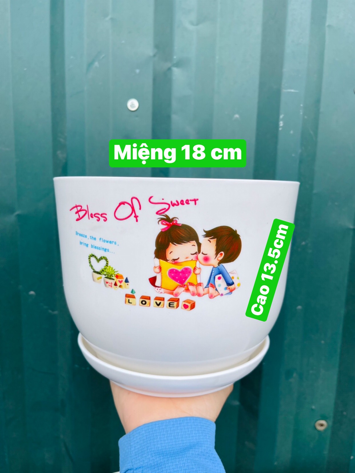 Chậu nhựa tròn giả sứ họa tiết cao cấp kèm đĩa KT 18 x13.5 cm