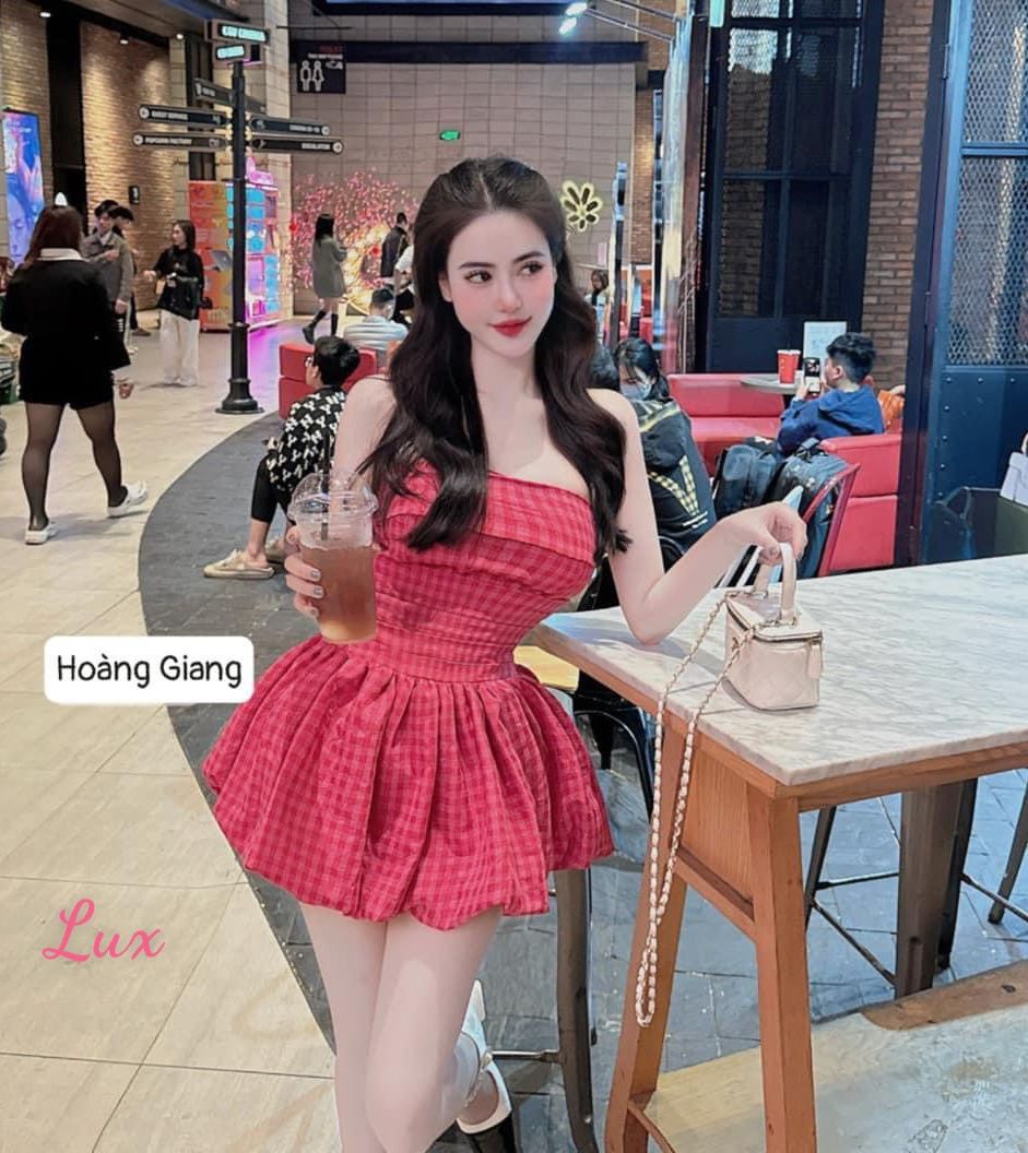 Đầm cup ngực , váy cup bí caro có mút sẵn nhún thun lưng lên form siêu hack dáng