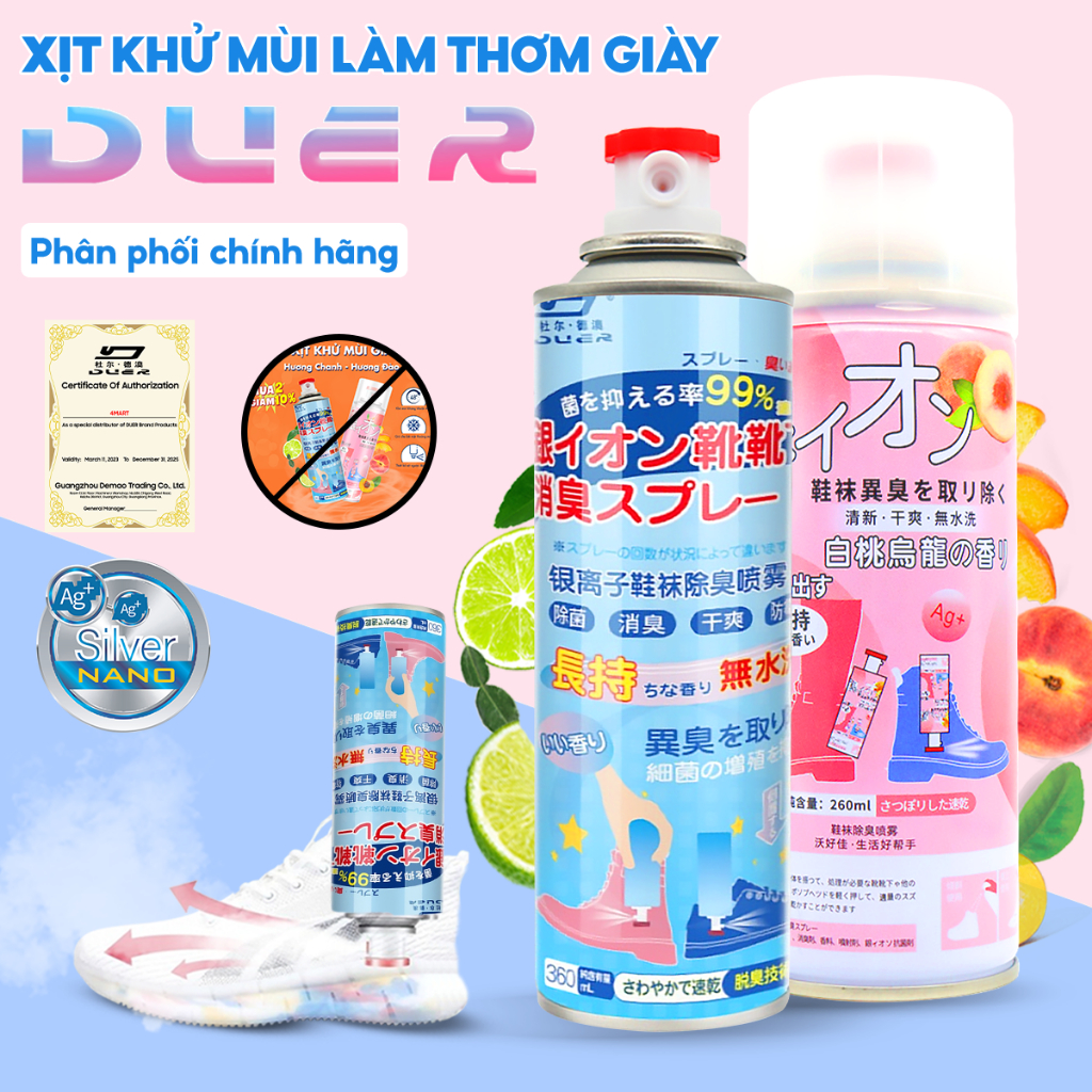 Bình xịt khử mùi hôi giày dép nano bạc Shoes 2h lọ 260ml, chuyên dùng làm thơm tủ giầy, quần áo, tất, vớ chân.