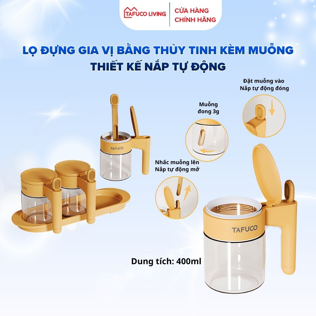 Lọ, Hũ đựng gia vị TAFUCO bằng thủy tinh kèm muỗng, có nắp thiết kế cơ chế tự động đóng mở, dung tích 400ml