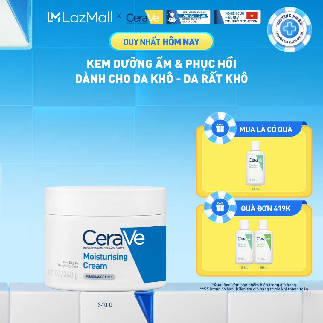 Kem dưỡng ẩm phục hồi sâu và ẩm mịn suốt 48H dành cho da khô, duy trì hàng rào bảo vệ da CERAVE MOISTURISING CREAM 340G