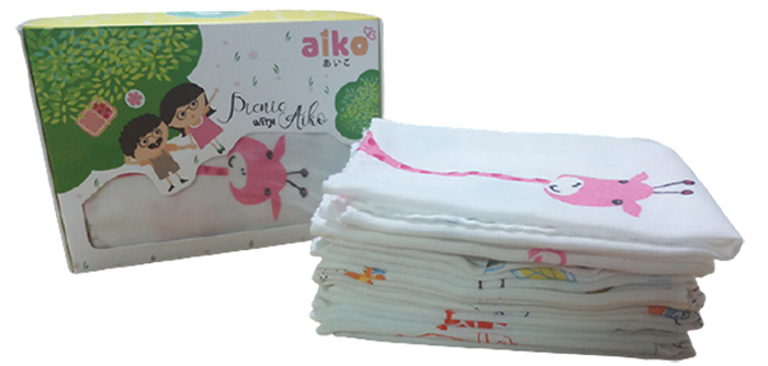 Khăn sữa in hình cotton Aiko bịch 10 cái 25x30