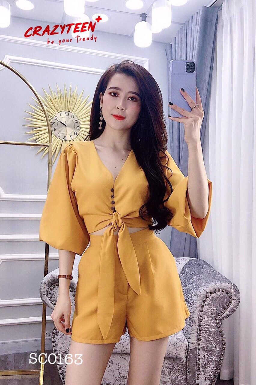[HCM]Set bộ nữ áo cổ V tay phồng cột eo quần đùi