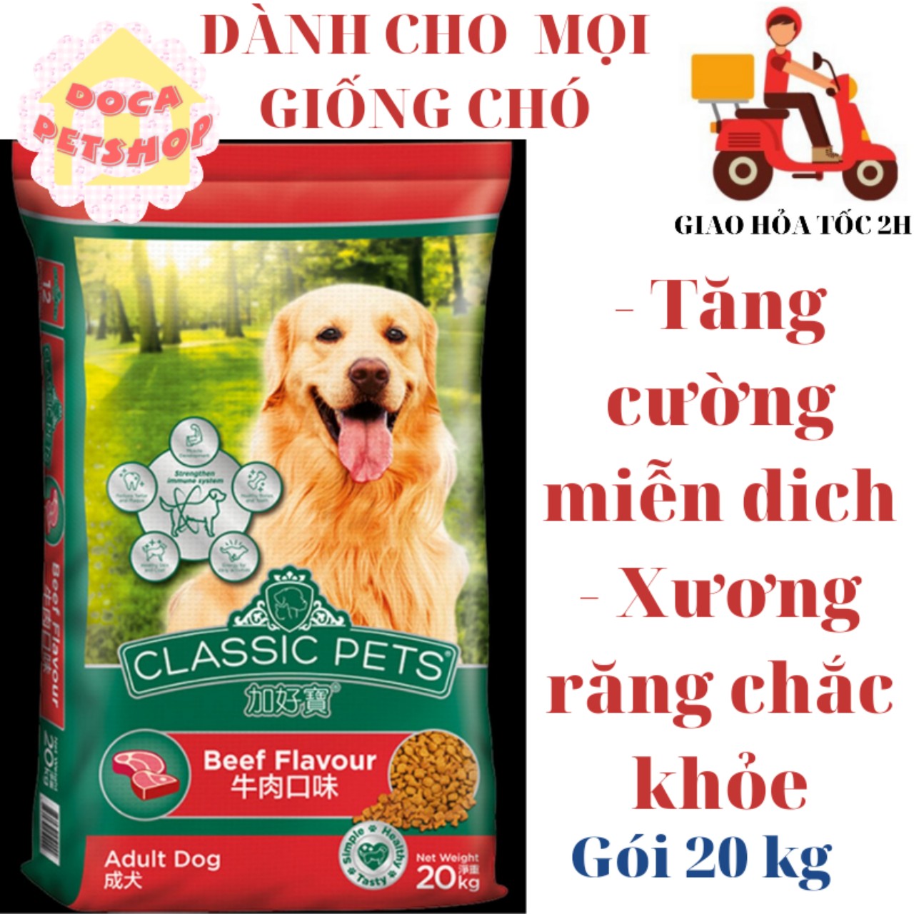 Thức Ăn Cho Chó Hạt Classic Pets Bao 20kg Vị Bò Dành Cho Chó Lớn Trên 12