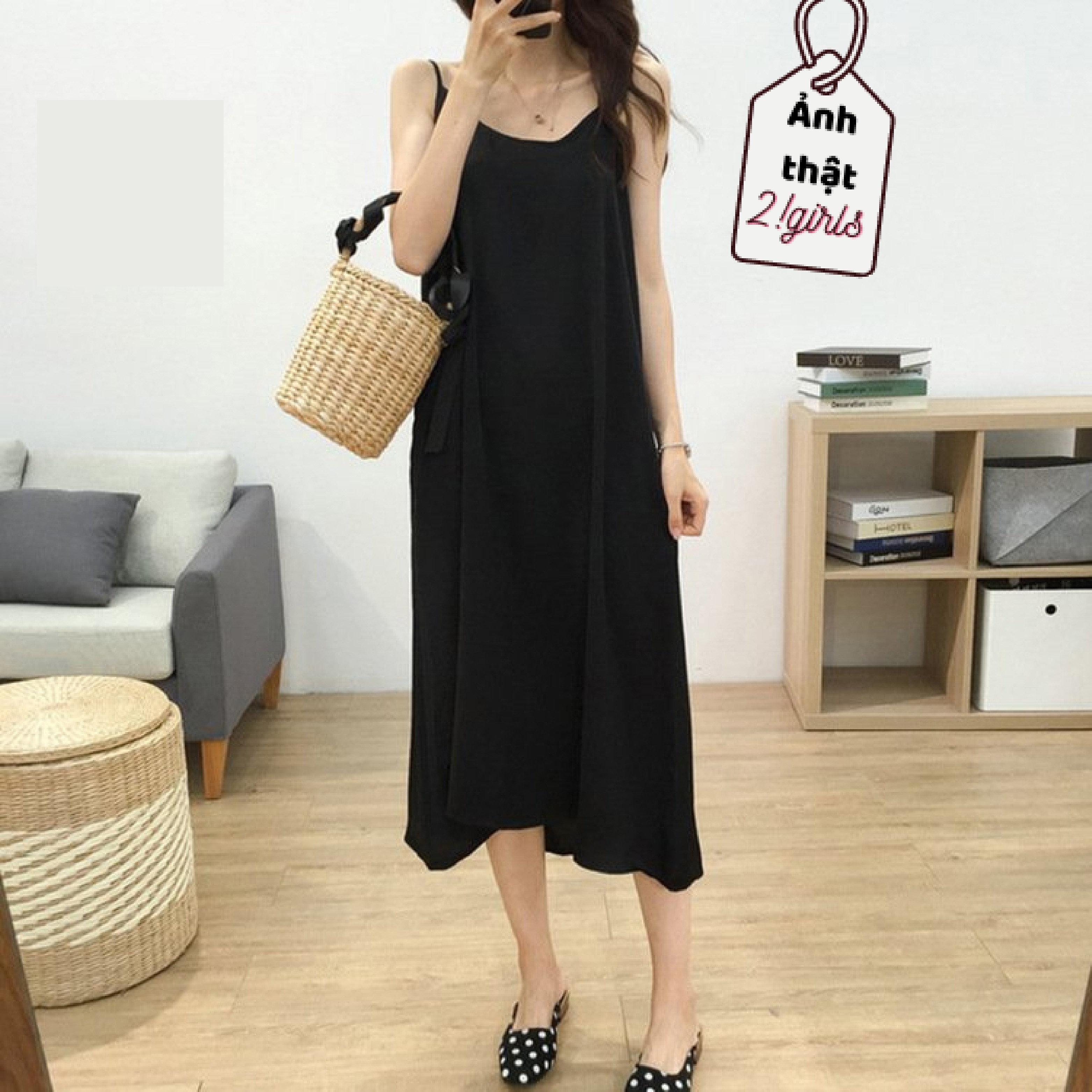 Váy 2 dây dáng suông chất đũi trơn 2girls - a10