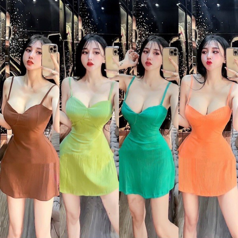 Đầm cúp ngực 2 dây dáng xòe, váy body cúp ngực đi biển len qc