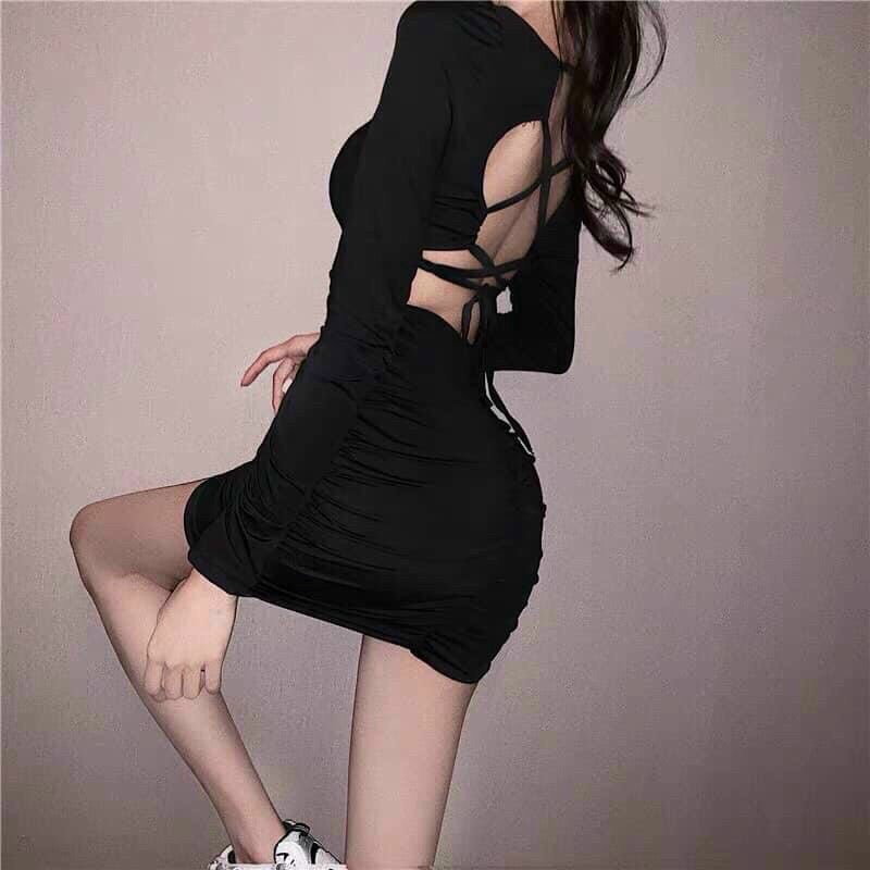 Đầm body siêu hot tay dài đan dây lưng, nhún hông